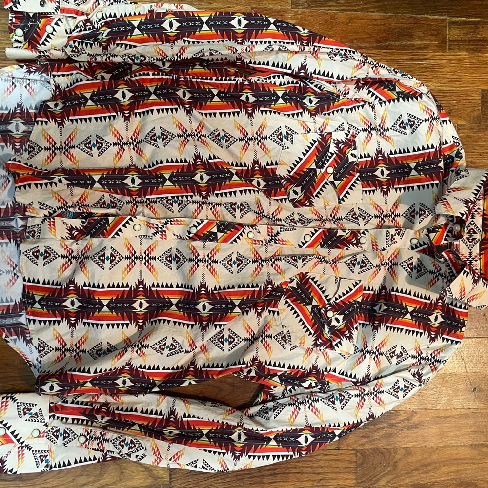 Men's Aztec-Pattern Button-Down Shirt in White, Red & Black